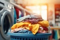 clothes in basket at laundry shop with Modern washing machine .Generative AI Royalty Free Stock Photo