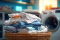 clothes in basket at laundry shop with Modern washing machine .Generative AI Royalty Free Stock Photo