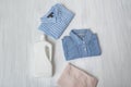 Clothes and bottle with detergent. Top view Royalty Free Stock Photo