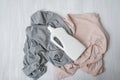 Clothes and bottle with detergent. Top view Royalty Free Stock Photo