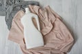 Clothes and bottle with detergent. Top view Royalty Free Stock Photo