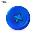 Clothes button, blue icon. Detailed realistic plastic sewing button isolated. Sewn with cyan threads. Vector