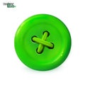 Clothes button, green icon. Detailed realistic plastic sewing button isolated. Sewn with green threads. Vector