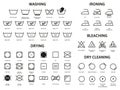 Clothes care laundry washing, bleaching and drying icons. Laundry, washing, dry cleaning and ironing vector symbols set