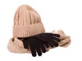 Clothes for a cold season: woolen cap, scarf and gloves