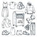 Clothes donation design elements. Vector hand drawn sketch illustration. Box for used apparel, shoes donations