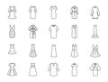 Clothes dresses doodle illustration including icons - modern sexy garment, evening, cheongsam, japanese kimono, sundress
