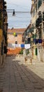 Clothes are dried on the ropes in the courtyard in Italian Venice.