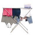 The clothes drying rack with clean clothes stack towels