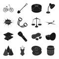 Clothes, fitness, transportation and other web icon in black style.