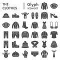 Clothes glyph icon set, clothing symbols collection, vector sketches, logo illustrations, garment signs solid pictograms