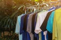 The clothes hang on steel rail for to dry after washing Royalty Free Stock Photo