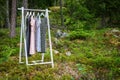 Clothes hanger with dresses in the woods. Royalty Free Stock Photo