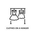 Clothes on a hanger floor flat line icon. Dress and skirt waiting for try on