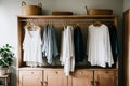 Clothes hanging on a clothes rack in a bedroom.