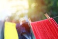 Clothes hanging on a clothesline are drying outside