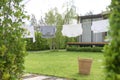Clothes hanging laundry on washing line for drying against blue sky outdoor Royalty Free Stock Photo