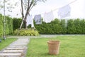 Clothes hanging laundry on washing line for drying against blue sky outdoor Royalty Free Stock Photo