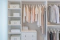 Clothes hanging on rail in white wardrobe