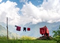 Clothes hanging on rope in mountains, Annapurna circuit, Nepal.
