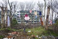 Clothes hanging on a washing line on a patch of wasteland, China Royalty Free Stock Photo