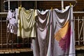 Clothes hung out to dry on lines outside the balcony Marche, Italy Royalty Free Stock Photo