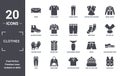 clothes icon set. include creative elements as purse, denim jacket, men socks, long bandeau dress, sweatshirt, leather gloves