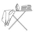 Clothes ironing in continuous line art drawing style. Modern electric smoothing iron and shirt on ironing board black Royalty Free Stock Photo