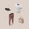 Clothes isometric polygonal illustrations of shoes, t-shirt, trousers and purse