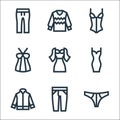 Clothes line icons. linear set. quality vector line set such as panties, jeans, jacket, dress, dress, top, corset, sweater