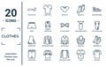clothes linear icon set. includes thin line ballets flats, boxer, peplum skirt, chino shorts, polo shirt, cat eye glasses, women