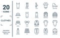 clothes linear icon set. includes thin line camisole, bowler, ushanka, dungarees, jogging jacket, nightwear, t shirt icons for