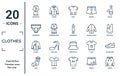 clothes linear icon set. includes thin line housecoat, underwear, blazer, sock, hoodie, mannequin, soccer shoe icons for report,