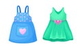 Clothes for little girl set. Cute blue and turquoise summer dresses cartoon vector illustration Royalty Free Stock Photo