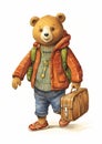 The clothes make the man: a teddy bear suitcase, a brown jacket