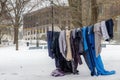 Clothes for the needy strung up in a park Royalty Free Stock Photo