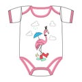 Clothes for newborn hand drawn illustration of sketch pink flamingo in red rain boots with umbrella staying in puddle