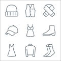 clothes and outfit line icons. linear set. quality vector line set such as socks, turtleneck, dress, boot, nightgown, cap, scarf,