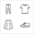 clothes and outfit line icons. linear set. quality vector line set such as sport shoe, skirt, tshirt