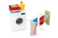 Clothes over White Folding Metal Clothes Drying Rack near White Modern Washing Machine with Detergent Bottle and Pile of Clothes.