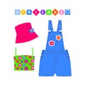 Clothes, panama and accessories for girls in bright neon colors in the style of the 90s. Kidcore aesthetic, y2k style