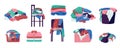 Clothes in piles and stacks. Dirty laundry bundle, messy stacks of clothes, chore of washing and drying. Vector messy