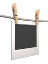 Clothes pin and blank photo paper hanging on rope side view 3D Royalty Free Stock Photo