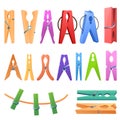 Clothes pins icons set, cartoon style