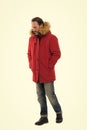 Clothes for polar expedition. Membrane fabric. Winter stylish menswear. Winter outfit. Man bearded stand warm jacket