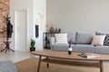 Clothes on rack in spacious flat interior with wooden table in front of grey couch and plant Royalty Free Stock Photo