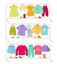Clothes racks. Wardrobe stands with kids apparel. Isolated simple furniture set for storage and showing clothing