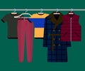 Clothes Racks with Wear on Hangers Set. Flat Design Style. Vector illustration of man