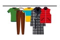 Clothes Racks with Wear on Hangers Set. Flat Design Style. Vector illustration of man wears EPS