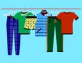 Clothes Racks with Wear on Hangers Set. isolated illustration on blue background